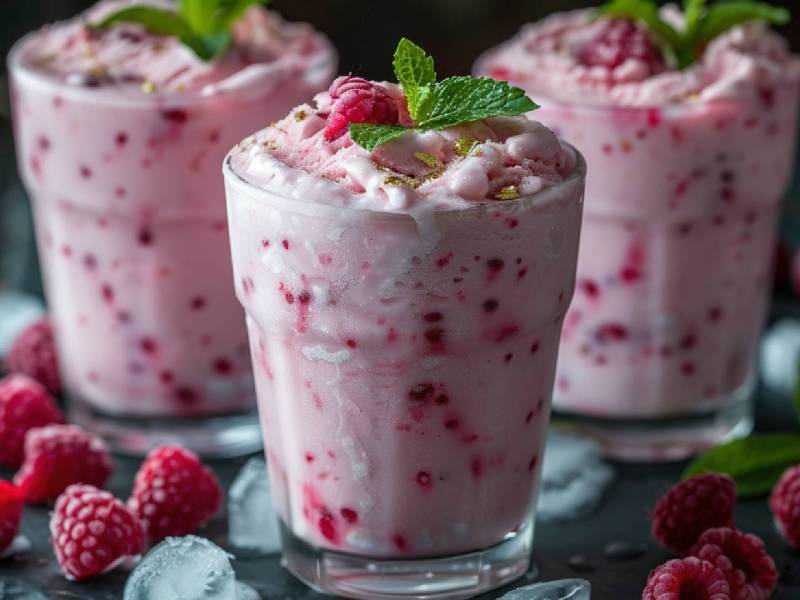 Drei Gläser mit Himbeermousse