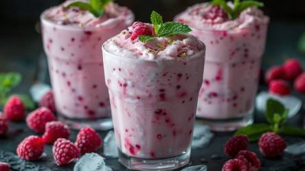 Drei Gläser mit Himbeermousse