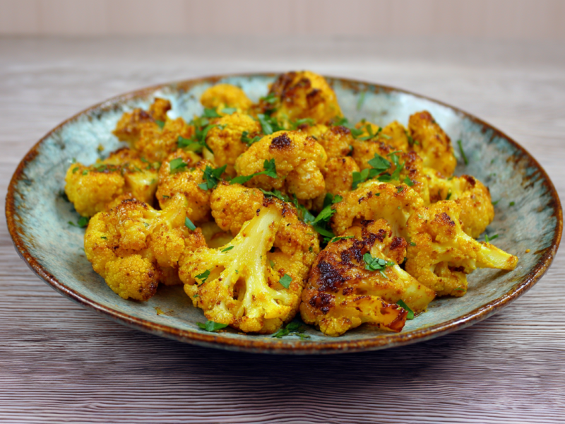 Honig-Curry-Blumenkohl auf einem grauen Teller. Die Blumenkohlröschen sind durch die Marinade gelblich und mit frischen Kräutern bestreut.
