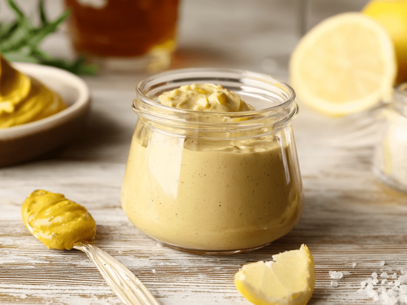 Ein Glas mit Honig-Senf-Aufstrich, drum herum liegen ein Löffel und eine Schale mit Senf, etwas Zitrone und Salz.