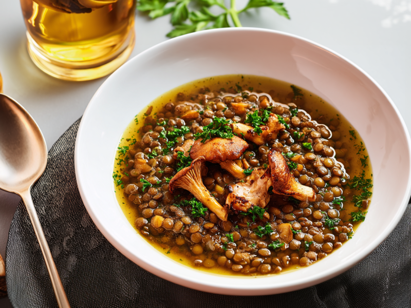 Eine Schüssel mit italienischem Linsen-Pfifferling-Eintopf. Daneben liegt ein Löffel.