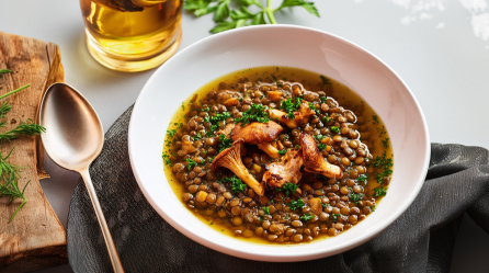 Eine Schüssel mit italienischem Linsen-Pfifferling-Eintopf. Daneben liegt ein Löffel.