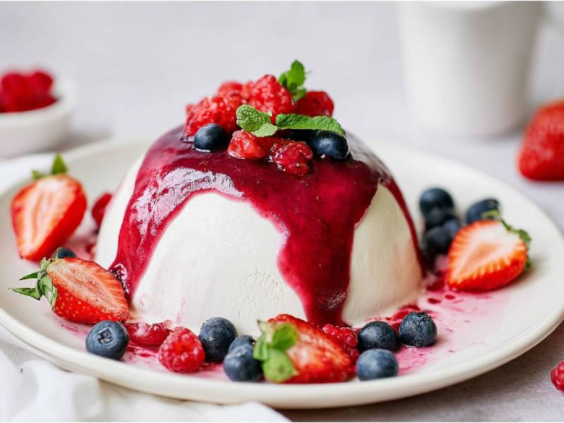 Teller mit einer Joghurtbombe mit Beerensoße und frischen Beeren