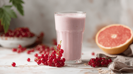 Ein Glas mit Johannisbeer-Lassi steht auf einem Tisch. Davor und daneben liegen einige Johannisbeeren. Im Hintergrund liegt eine aufgeschnittene Grapefruit.