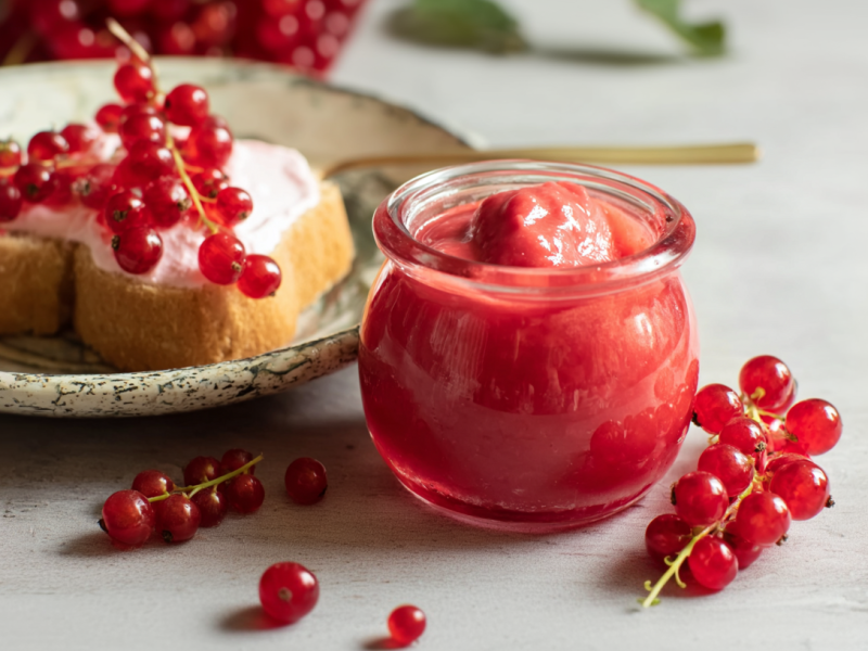 Ein Glas mit Johannisbeeren-Curd auf einem grauen Tisch. Um das Glas liegen einige Johannisbeeren verteilt. Links neben dem Glas steht ein Teller mit einem Brot, auf dem der Aufstrich sowie einige Johannisbeeren liegen.
