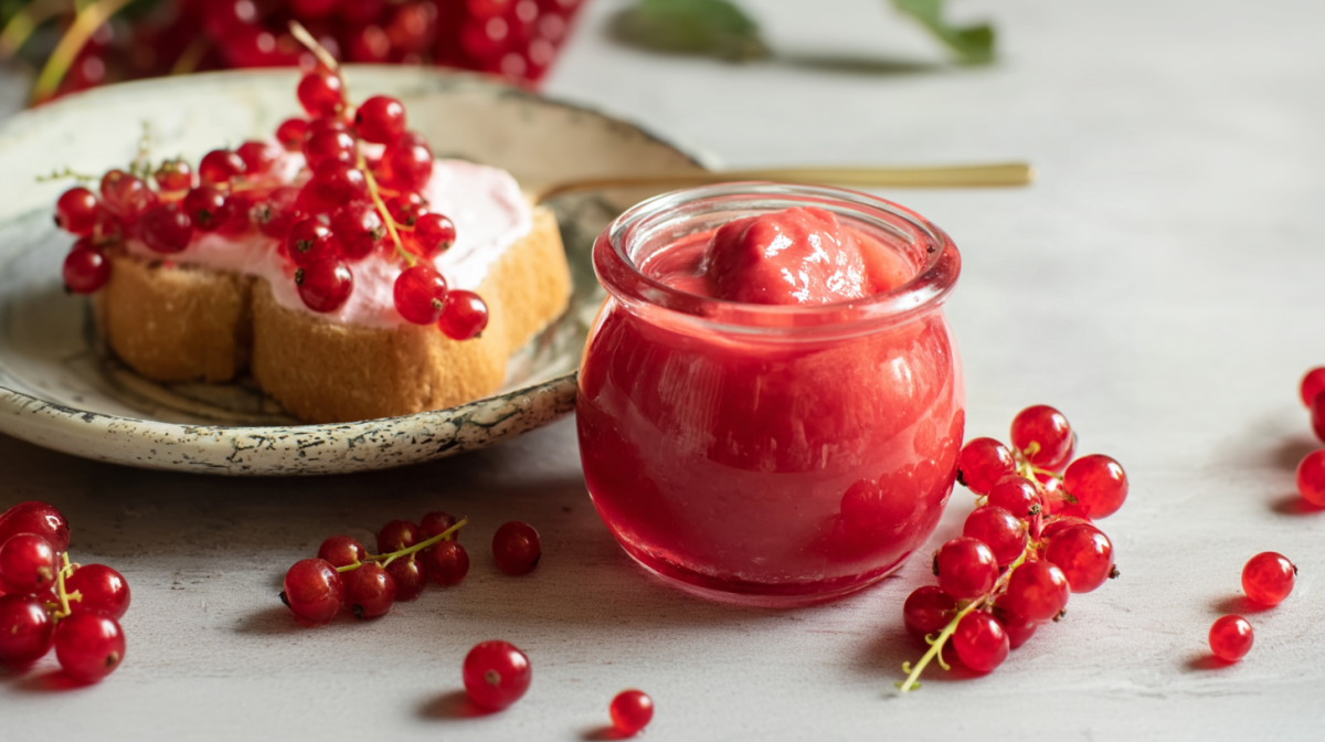 Ein Glas mit Johannisbeeren-Curd auf einem grauen Tisch. Um das Glas liegen einige Johannisbeeren verteilt. Links neben dem Glas steht ein Teller mit einem Brot, auf dem der Aufstrich sowie einige Johannisbeeren liegen.