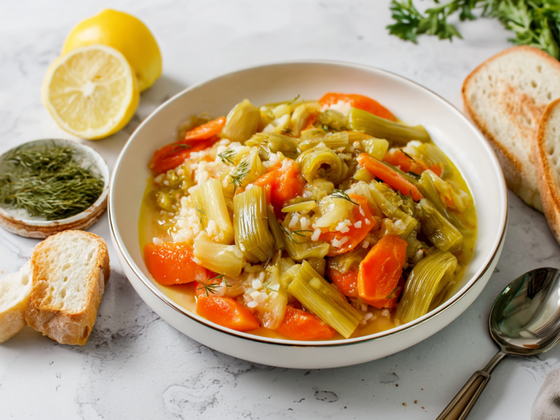 Karotten-Lauch-Reis in einer weißen Schüssel. Links neben der Schüssel liegen von oben nach unten Zitrone, etwas frischer Dill und Brot. Auf der rechten Seite liegen Petersilie, Brotscheiben, ein Löffel sowie ein graues Tuch.