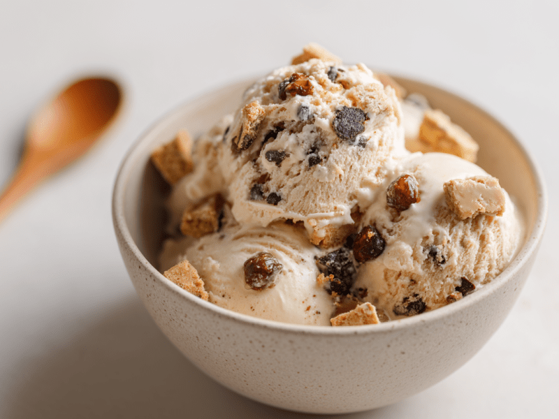 Eine Schale Keksteig-Eis. Links im Hintergrund liegt ein Holzlöffel. Das Eis ist mit Keksteig-Stücken, Schokodrops und karamellisierten Haselnüssen zubereitet.