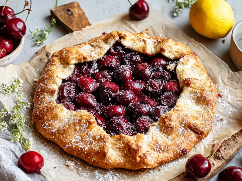 Eine Kirsch-Galette, die mit Puderzucker bestäubt ist. Drum herum liegen eine Schale mit Kirschen und eine mit frisch geschlagener Sahne und einzelne Kirschen sowie eine Zitrone verteilt. Auch eine kleine Schale mit Puderzucker ist zu sehen. Die Galette liegt auf einem rustikalen Brett, das mit Backpapier ausgelegt ist.