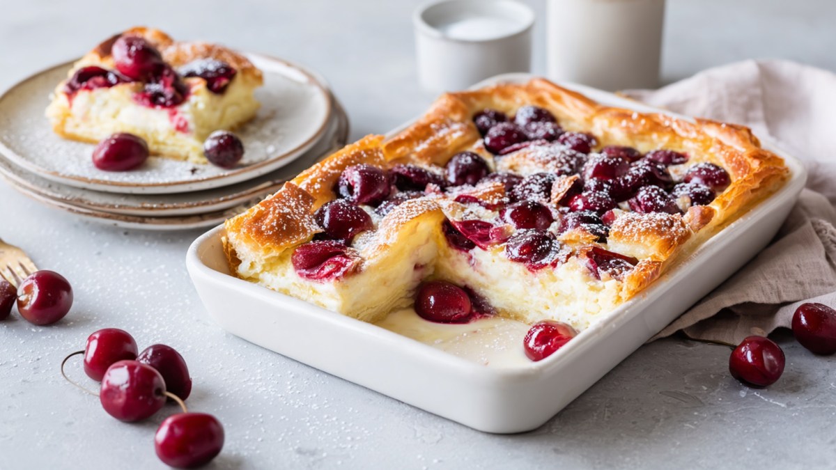 Eine Auflaufform mit einem Kirsch-Käsekuchen mit Blätterteig, der mit Puderzucker bestäubt ist. Außerdem ist ein Stapel mit Tellern zu sehen. Auf dem obersten Teller liegt ein Kuchenstück. Ringsum liegen frische Kirschen verteilt, im Hintergrund steht ein Becher mit Milch. Die Auflaufform steht auf einem Küchenhandtuch.