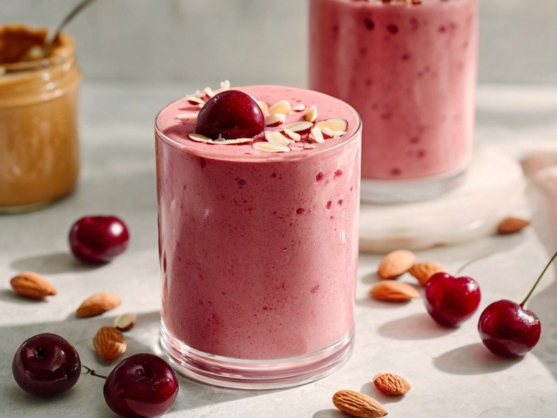 Ein Glas Kirsch-Mandel-Smoothie, das mit einer frischen Kirsche und einigen Mandelsplittern garniert ist. Ringsum liegen braune Mandeln und einige Kirschen verteilt. Im Hintergrund kann man ein weiteres Glas mit Smoothie erkennen sowie ein Glas mit Mandelmus, in dem ein Löffel steckt.