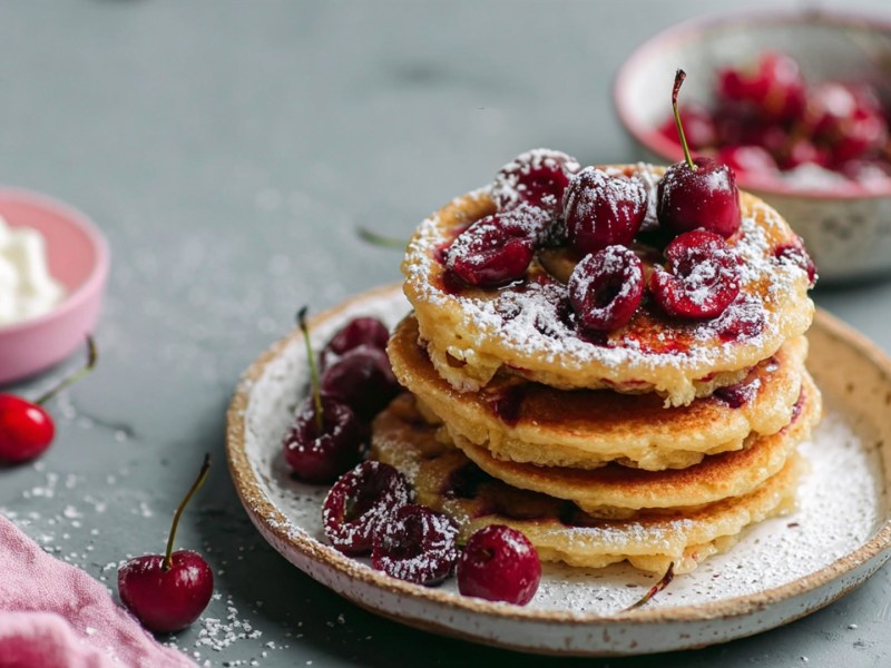 Ein Teller mit einem Stapel Kirsch-Pancakes, die mit einigen frischen Kirschen und Puderzucker garniert sind. Im Hintergrund ist eine Schale mit etwas Vanillequark und eine Schüssel mit Kirschen zu sehen. Außerdem kullern einige frische Kirschen herum. Im linken unteren Bildrand ist ein rosa Küchenhandtuch drapiert.