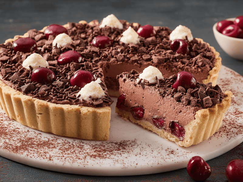 Kirsch-Schoko-Kuchen ohne Backen auf einer Marmorplatte, garniert mit Schokolade, Kirschen und Sahne.