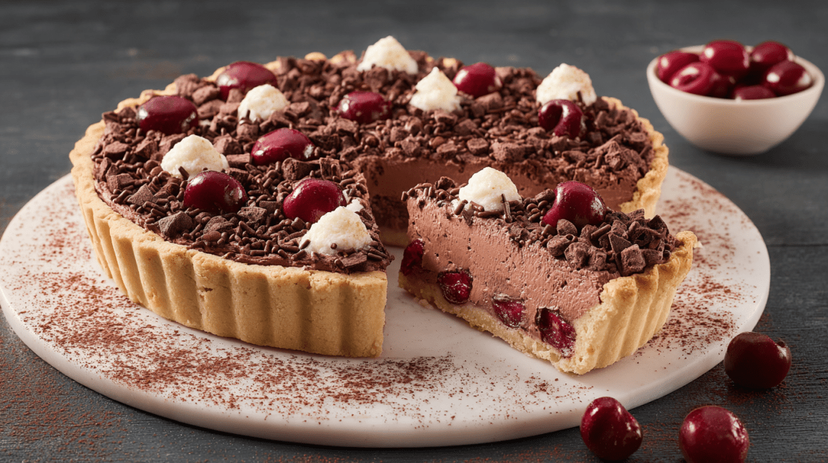 Kirsch-Schoko-Kuchen ohne Backen auf einer Marmorplatte, garniert mit Schokolade, Kirschen und Sahne.