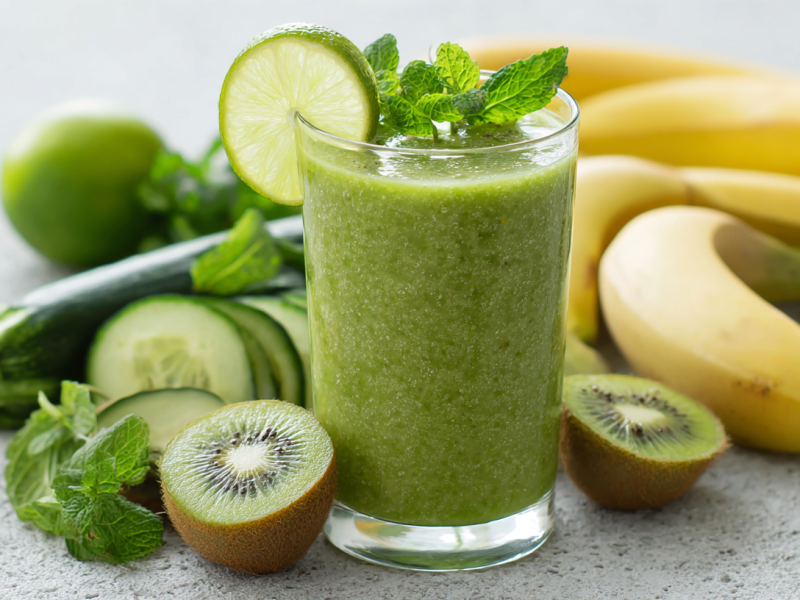 Ein Glas Kiwi-Zucchini-Smoothie auf einer grauen Arbeitsplatte. Um das Glas herum verteilt liegen Kiwis, Gurken, Bananen und eine Zucchini. Der Smoothie ist mit einer Limettenscheibe garniert.