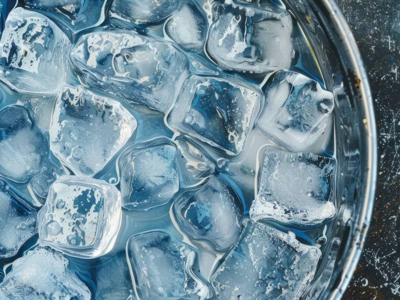Eine Schüssel mit ganz vielen klaren Eiswürfeln.