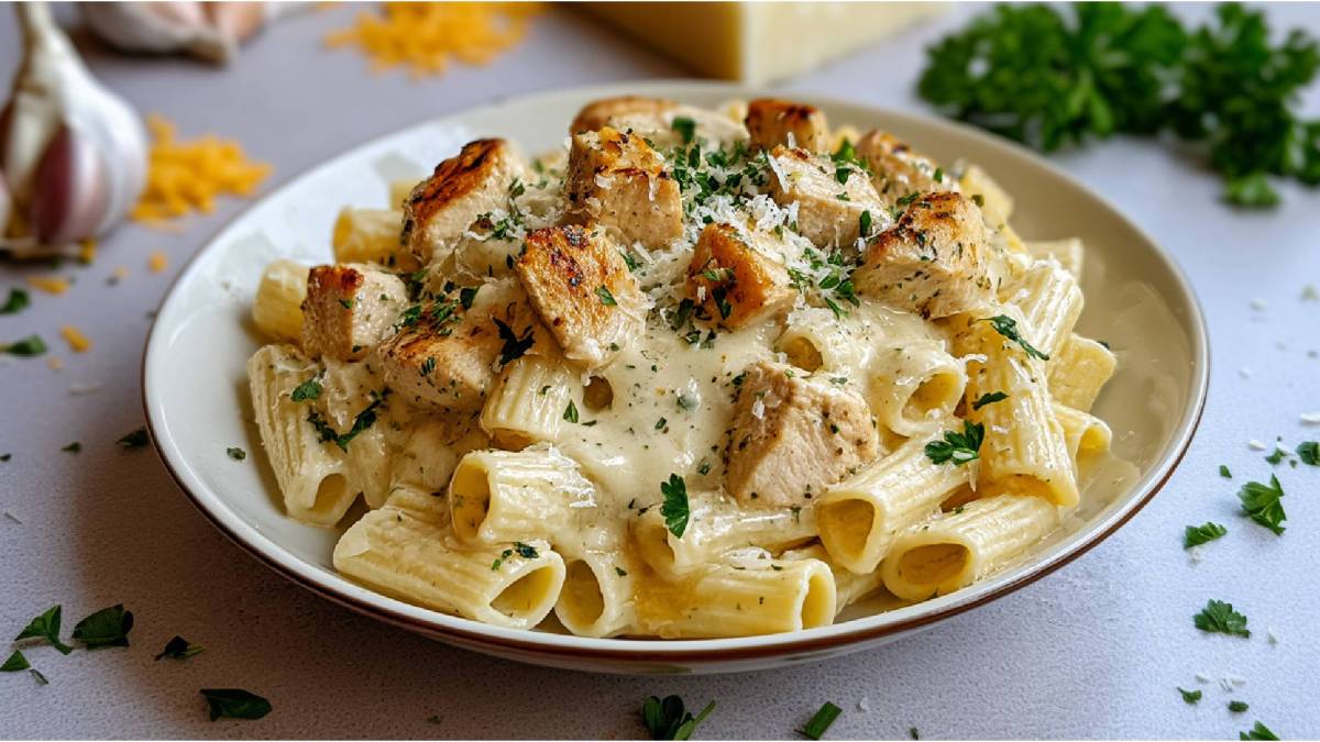 Teller mit Knoblauchbutter-Hühnchen mit Nudeln