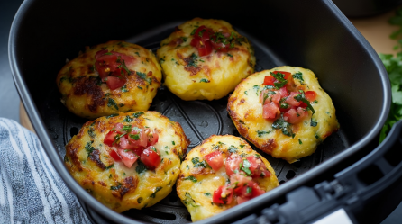 5 Knödeltaler liegen in einem Airfryer. Ein Handtuch-Zipfel ist zu sehen.