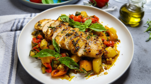 Knoblauch-Hähnchen mit Ratatouille auf einem hellen Teller, garniert mit Basilikum.