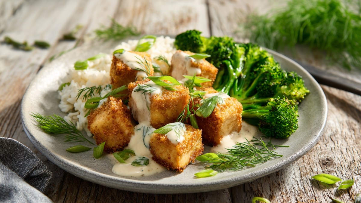 Ein Teller mit knusprigem Tofu mit Zitronen-Dill-Soße, Reis und Brokkoli. Das Ganze ist mit frischem Dill und Frühlingszwiebeln garniert. Im Hintergrund liegt ebenso frischer Dill herum.