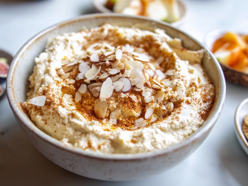 Eine Schüssel mit süßem Kokos-Hummus, das mit gerösteten gehackten Mandeln und Zimt garniert ist. Um die Schüssel mit dem Kokos-Hummus herum sind kleinere Teller mit Crackern, Feigen und Apfelschnitzen zu sehen.