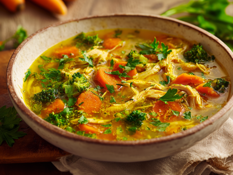 Eine Schüssel Kurkuma-Hühnersuppe auf einem Holzbrett. Die Hühnersuppe ist mit Karotten, Brokkoli und frischen Kräutern zubereitet. Um die Schüssel verteilt liegen einige der Zutaten. Hinten links sieht man eine Zwiebel und Karotten, rechts frische Petersilie und eine Knoblauchzehe.