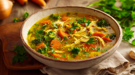 Eine Schüssel Kurkuma-Hühnersuppe auf einem Holzbrett. Die Hühnersuppe ist mit Karotten, Brokkoli und frischen Kräutern zubereitet. Um die Schüssel verteilt liegen einige der Zutaten. Hinten links sieht man eine Zwiebel und Karotten, rechts frische Petersilie und eine Knoblauchzehe.