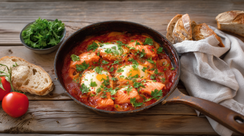 Eine Pfanne mit Lachs-Shakshuka auf einem Holztisch. Links im Bild sieht man frische Petersilie, Brot und Tomaten. Rechts daneben ein graues Tuch mit mehr Brot.