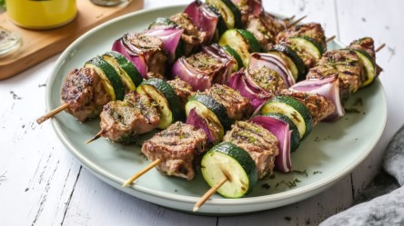 Vier Lamm-Zucchini-Spieße vom Grill liegen nebeneinander auf einem Teller.