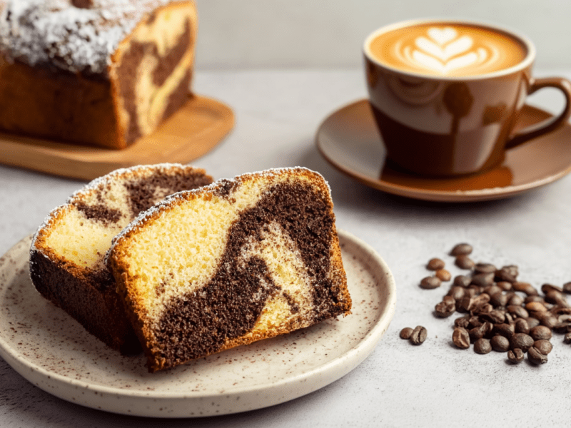 Einige Scheiben Latte Macchiato Marmorkuchen, serviert auf einem Teller. Im Hintergrund sind eine Kaffeetasse und der Kuchen zu sehen.