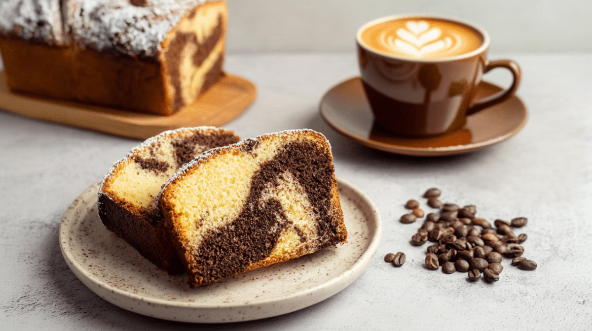 Einige Scheiben Latte Macchiato Marmorkuchen, serviert auf einem Teller. Im Hintergrund sind eine Kaffeetasse und der Kuchen zu sehen.