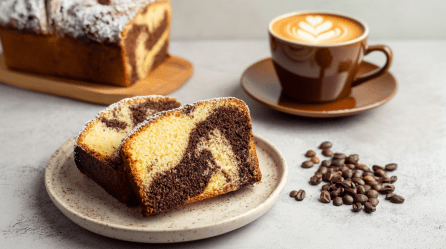 Einige Scheiben Latte Macchiato Marmorkuchen, serviert auf einem Teller. Im Hintergrund sind eine Kaffeetasse und der Kuchen zu sehen.