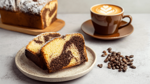 Einige Scheiben Latte Macchiato Marmorkuchen, serviert auf einem Teller. Im Hintergrund sind eine Kaffeetasse und der Kuchen zu sehen.