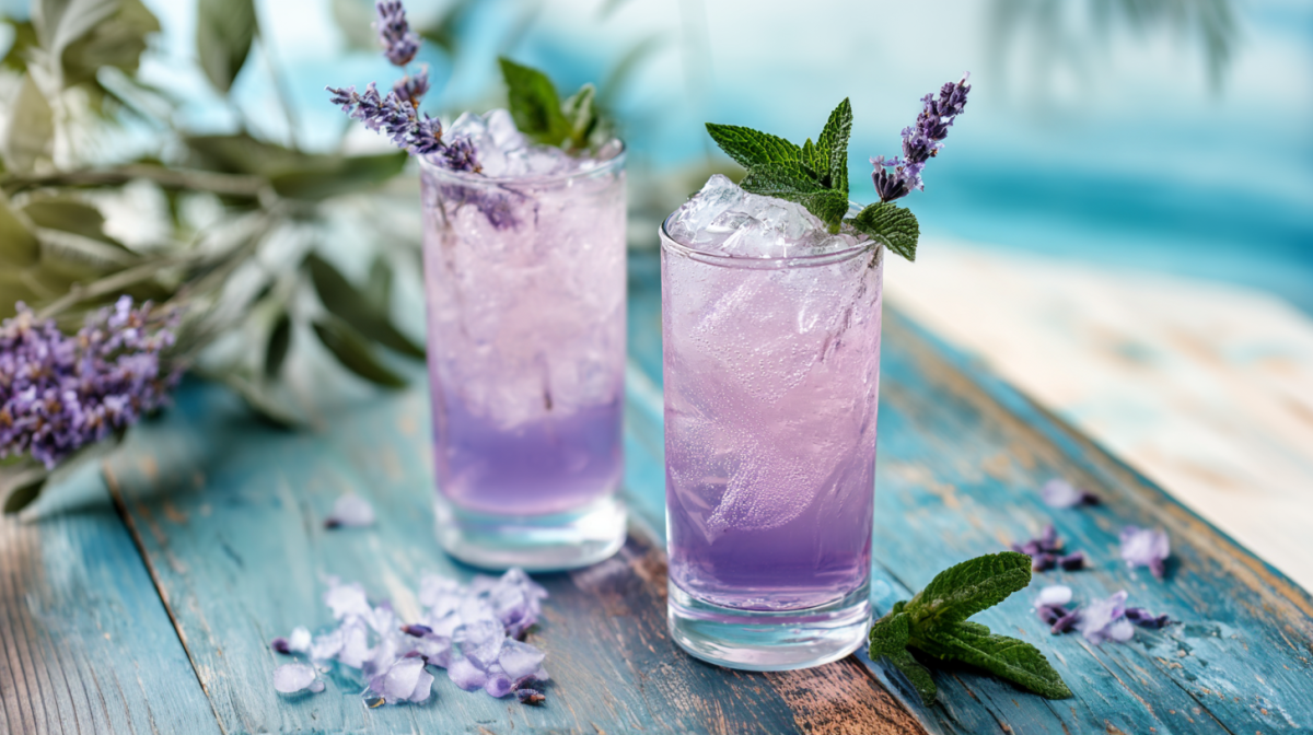 Zwei Gläser mit Lavendel-Mojito-Mocktail, garniert mit frischer Minze und Lavendelzweig.