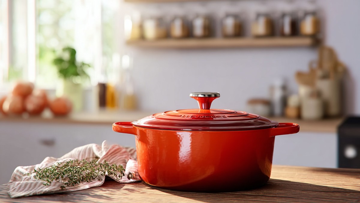 Ein roter Le Creuset Signature Gusseisen-Bräter, der in einer einladenden Küche auf einer Holzarbeitsplatte steht.