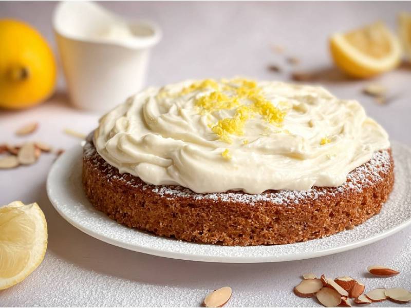 Teller mit Mandelkuchen mit Zitronen-Mascarpone-Creme