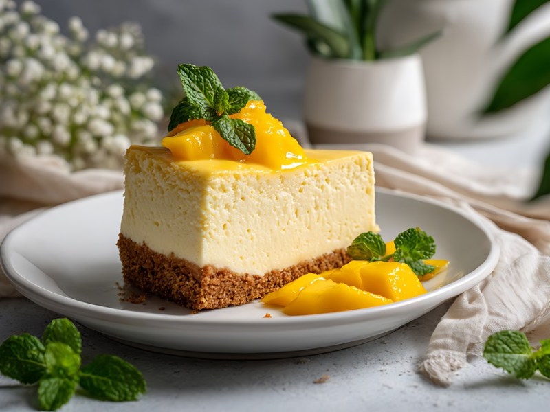 Ein Stück Mango-Milkcake steht auf einem weißen Teller. Er ist mit Mangostücken serviert. Im Hintergrund sieht man Pflanzen.