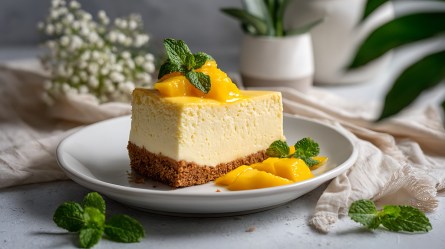 Ein Stück Mango-Milkcake steht auf einem weißen Teller. Er ist mit Mangostücken serviert. Im Hintergrund sieht man Pflanzen.