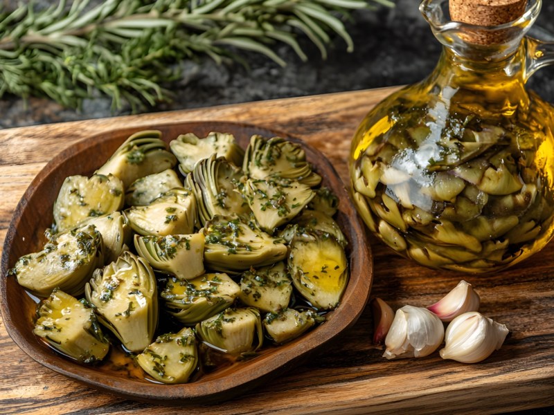 Eine Schale mit marinierten Artischocken auf einem Holzbrett. Daneben steht eine Flasche Öl.