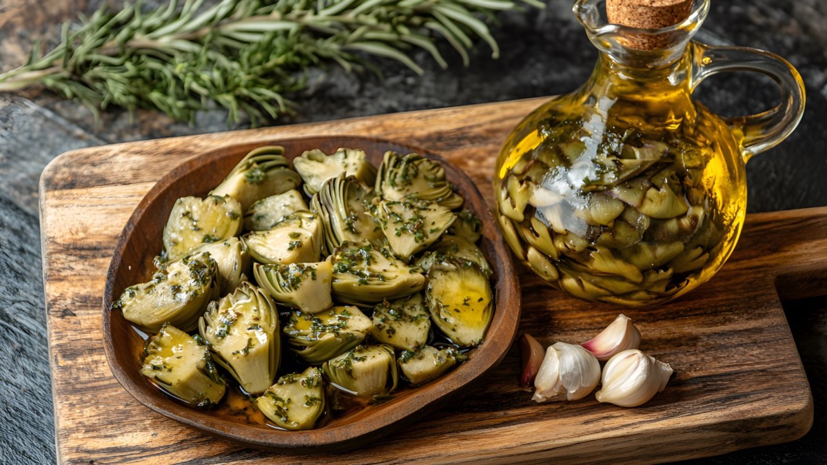 Eine Schale mit marinierten Artischocken auf einem Holzbrett. Daneben steht eine Flasche Öl.