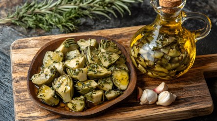 Eine Schale mit marinierten Artischocken auf einem Holzbrett. Daneben steht eine Flasche Öl.