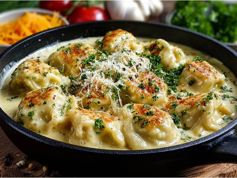 Maultaschenpfanne mit Käse-Sahne-Soße auf einem Tisch