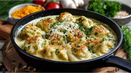 Maultaschenpfanne mit Käse-Sahne-Soße auf einem Tisch