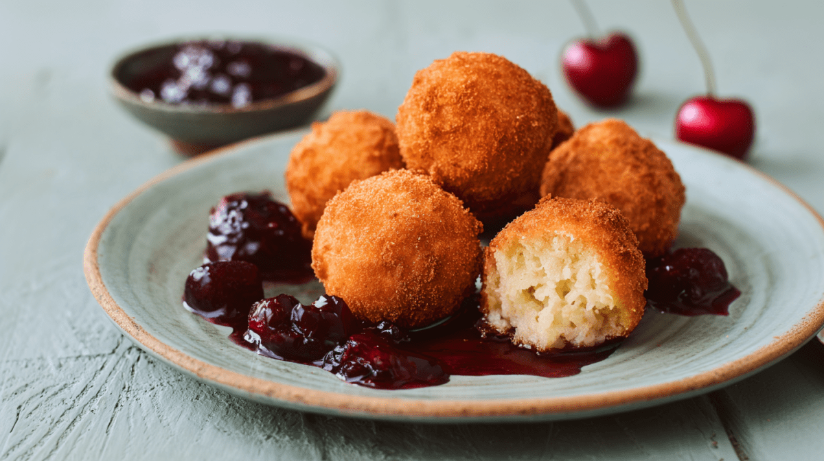 Milchreisbällchen mit Kirschkompott, serviert auf einem Teller. Kirschen und Kompott stehen im Hintergrund.