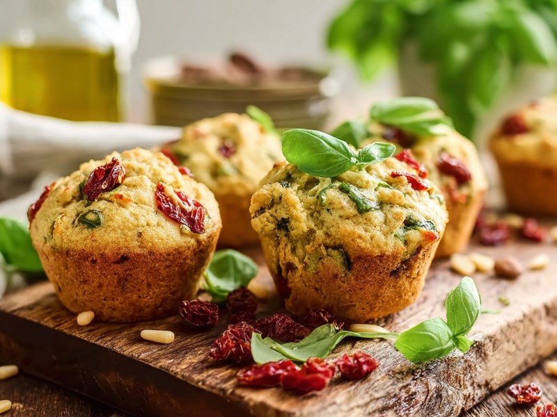 Einige Muffins mit getrockneten Tomaten und Rucola, die auf einem Holzbrett liegen. Ringsum liegen frisches Basilikum, Pinienkerne, getrocknete Tomaten verstreut. Im Hintergrund ist ein Gefäß ist Olivenöl zu sehen sowie ein Topf mit frischem Basilikum.