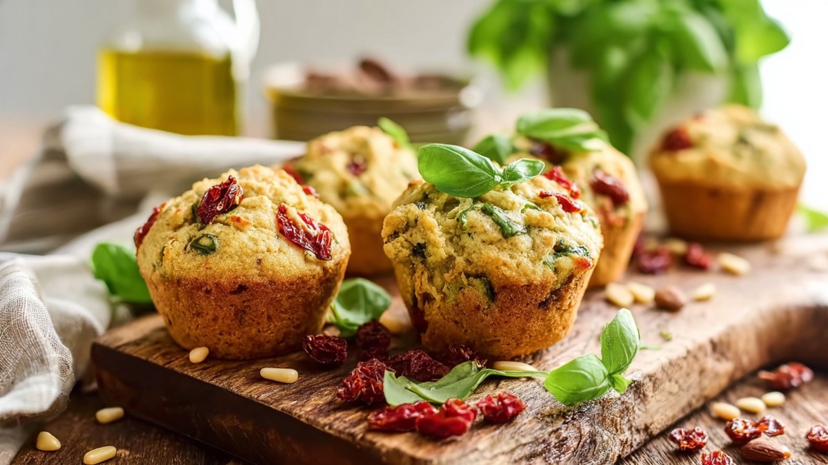 Einige Muffins mit getrockneten Tomaten und Rucola, die auf einem Holzbrett liegen. Ringsum liegen frisches Basilikum, Pinienkerne, getrocknete Tomaten verstreut. Im Hintergrund ist ein Gefäß ist Olivenöl zu sehen sowie ein Topf mit frischem Basilikum.