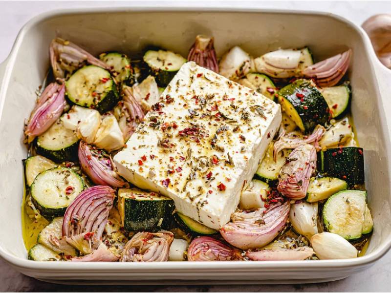 Auflaufform mit Ofen-Zucchini mit Feta