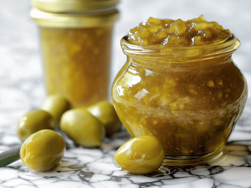 Zwei Gläser mit Olivenmarmelade stehen auf einer Platte. Einige frische Oliven liegen als Deko außen herum.