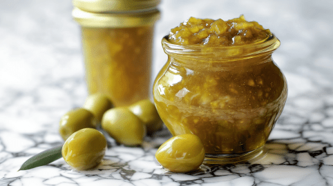 Zwei Gläser mit Olivenmarmelade stehen auf einer Platte. Einige frische Oliven liegen als Deko außen herum.