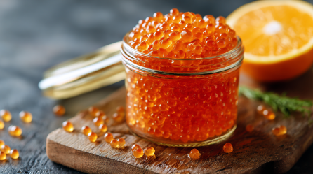 Orangenkaviar in einem kleinen Glas, im Hintergrund unscharf eine halbe Orange.